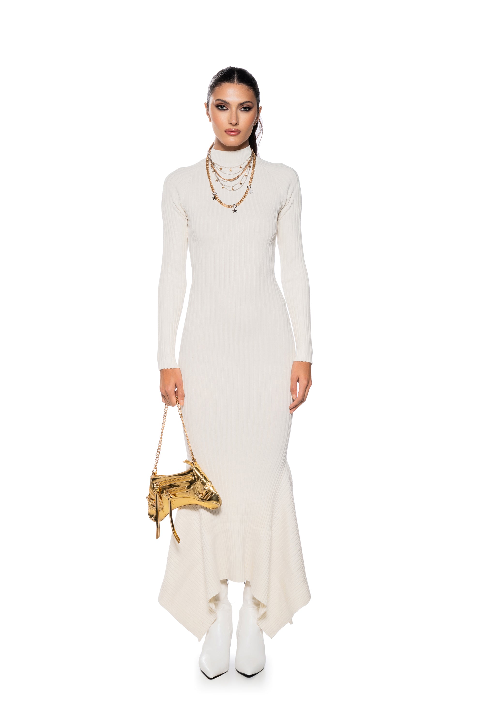 Extra View Forget Me Not Long Sleeve Mock Neck Maxi Dress In Cream