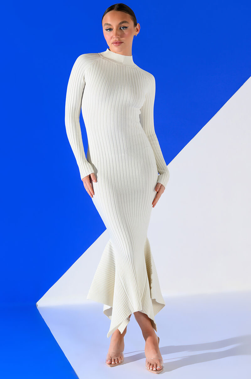Front View Forget Me Not Long Sleeve Mock Neck Midi Dress