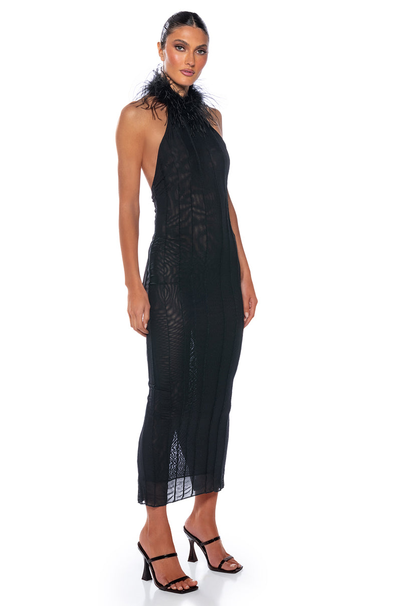 Front View Fortuna Feather Halterneck Mesh Maxi Dress In Black