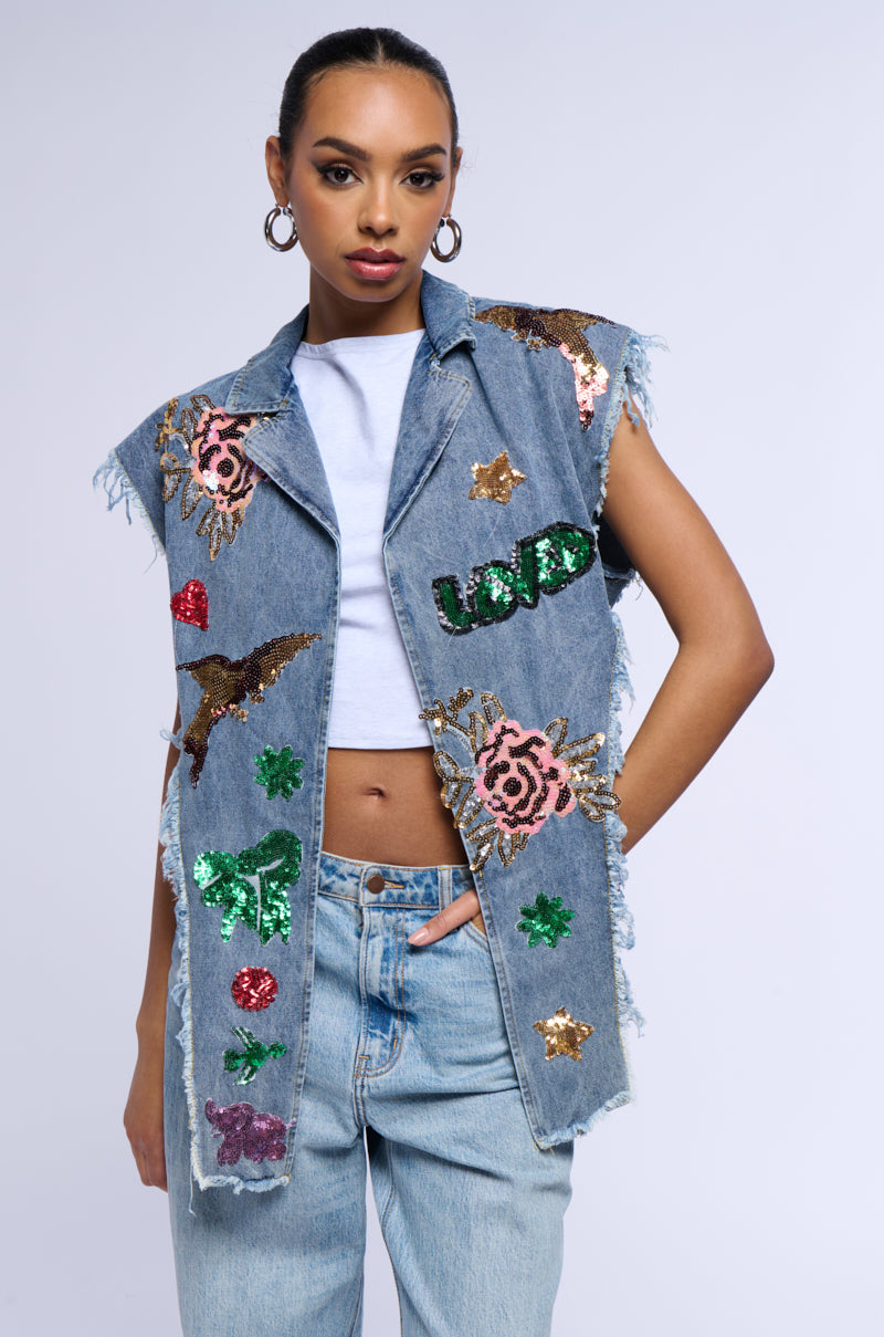 Front View Frayed Denim Patchwork Sequin Vest