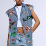 Front View Frayed Denim Patchwork Sequin Vest