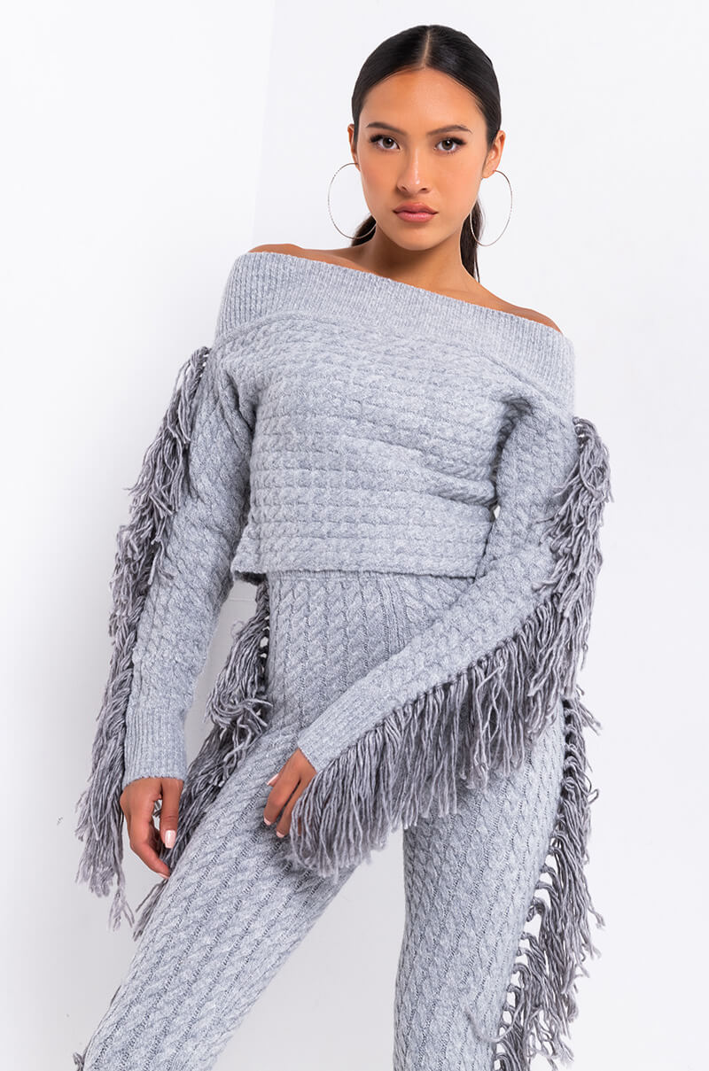Front View Freaky Friday Long Sleeve Fringe Off The Shoulder Crop Top in Grey