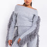 Front View Freaky Friday Long Sleeve Fringe Off The Shoulder Crop Top in Grey