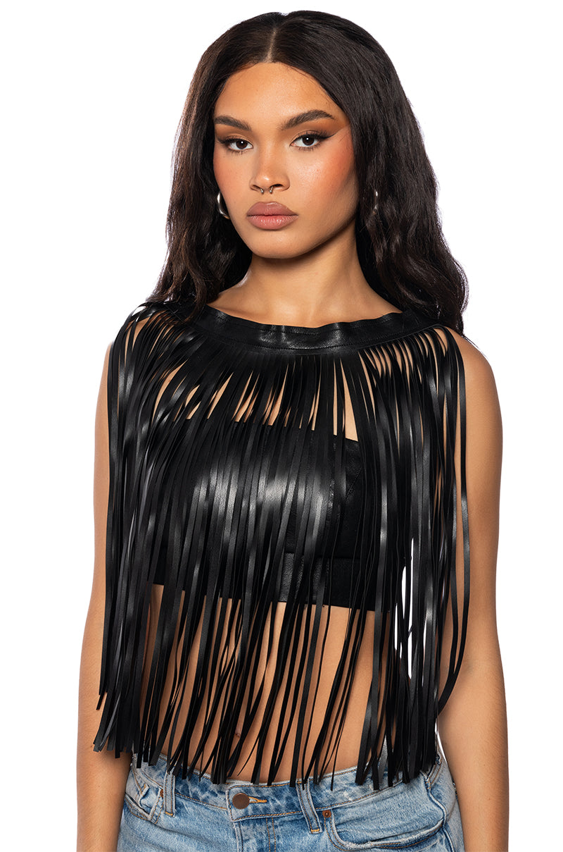 Front View Free My Mind Faux Leather Fringe Crop Top