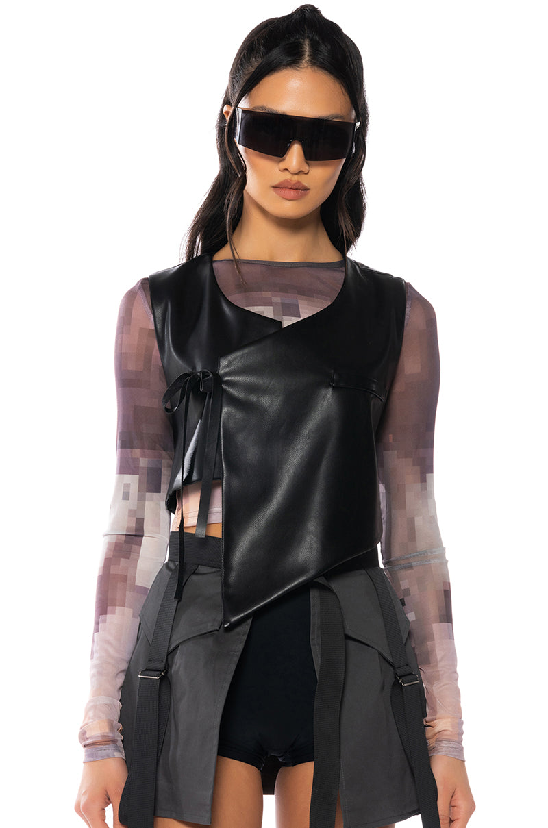 Front View Fresh Out The Runway Cropped Asymmetrical Faux Leather Vest