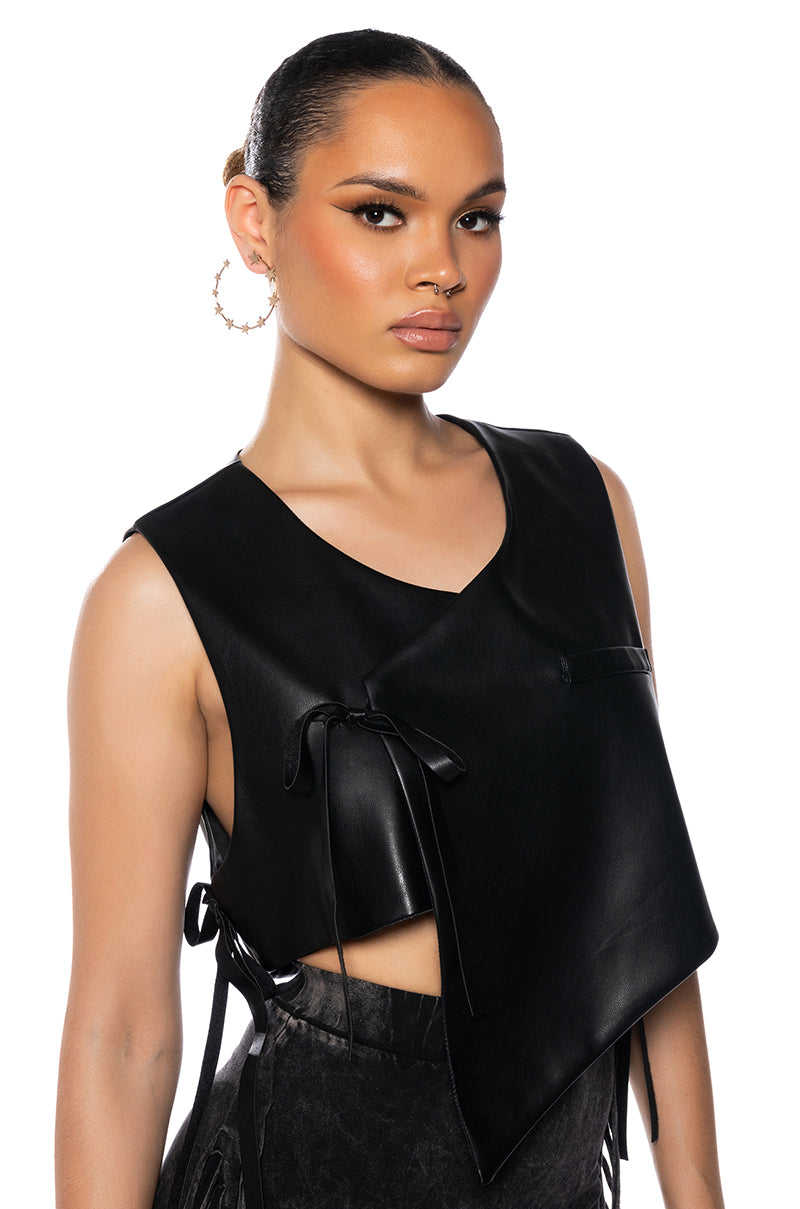 Side View Fresh Out The Runway Cropped Asymmetrical Faux Leather Vest