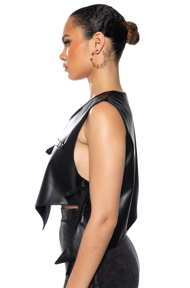 Extra View Fresh Out The Runway Cropped Asymmetrical Faux Leather Vest