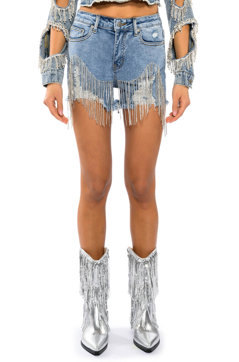 Front View Fresh Out The Runway Rhinestone Denim Short
