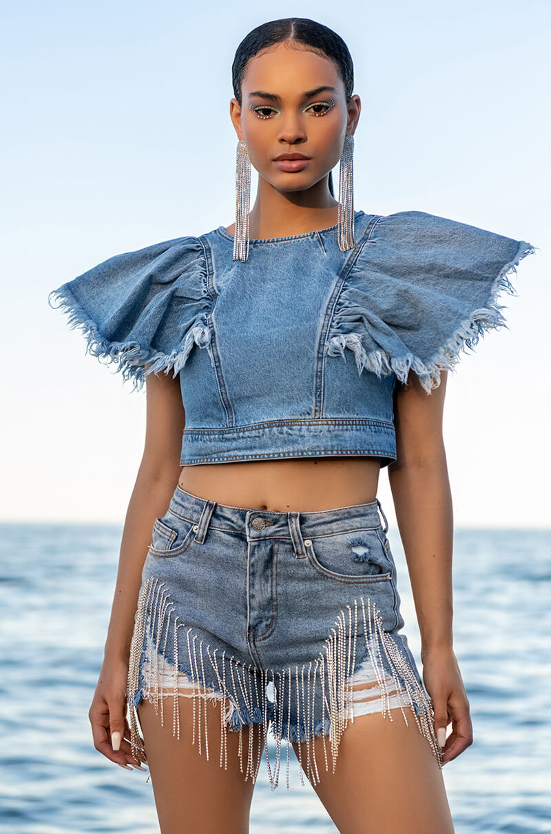 Back View Fresh Out The Runway Rhinestone Denim Short