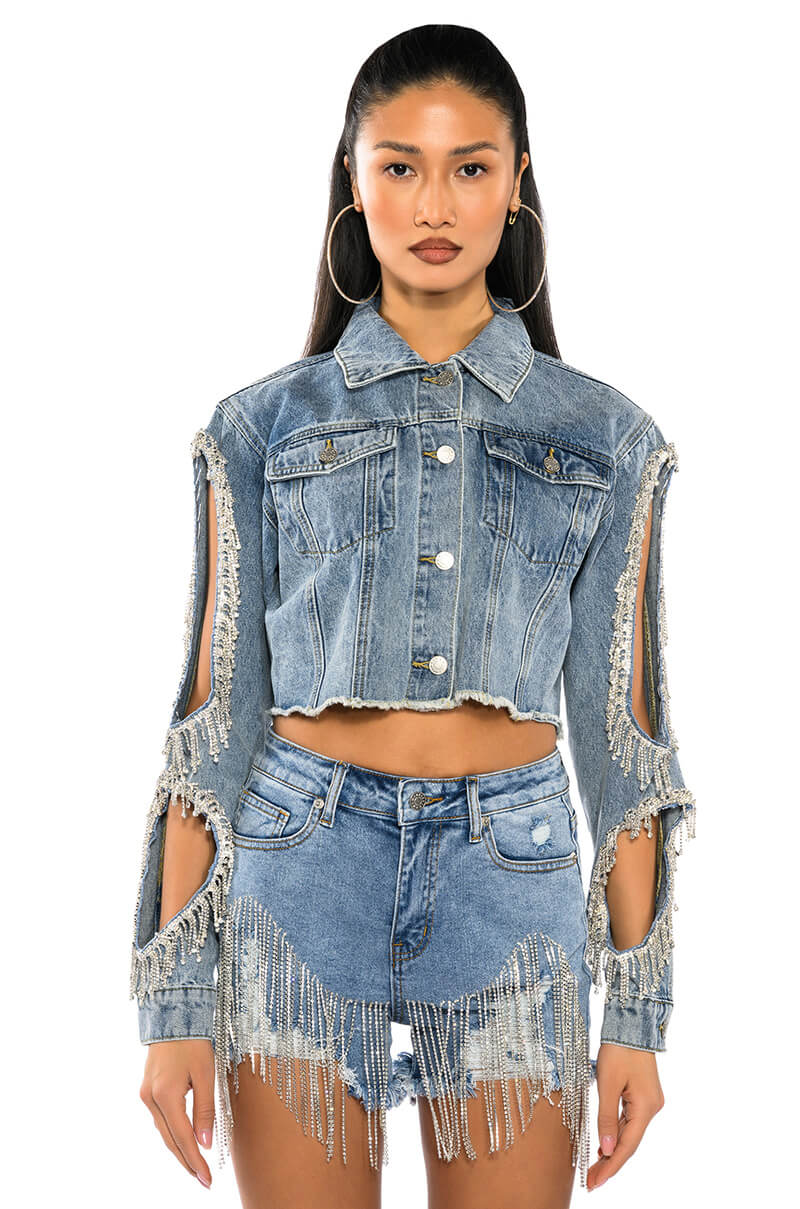Back View Fresh Out The Runway Rhinestone Denim Short