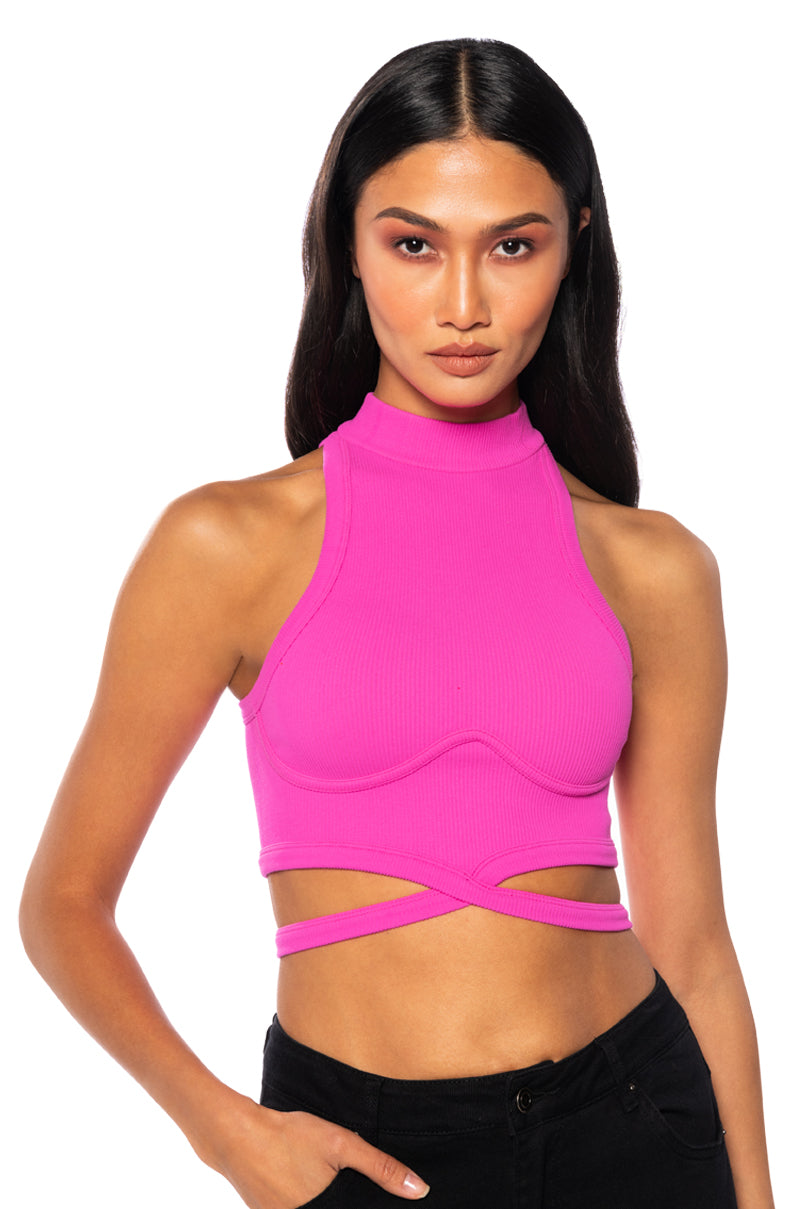 Front View Fresh Perspective Sleeveless Mock Neck Tie Front Top