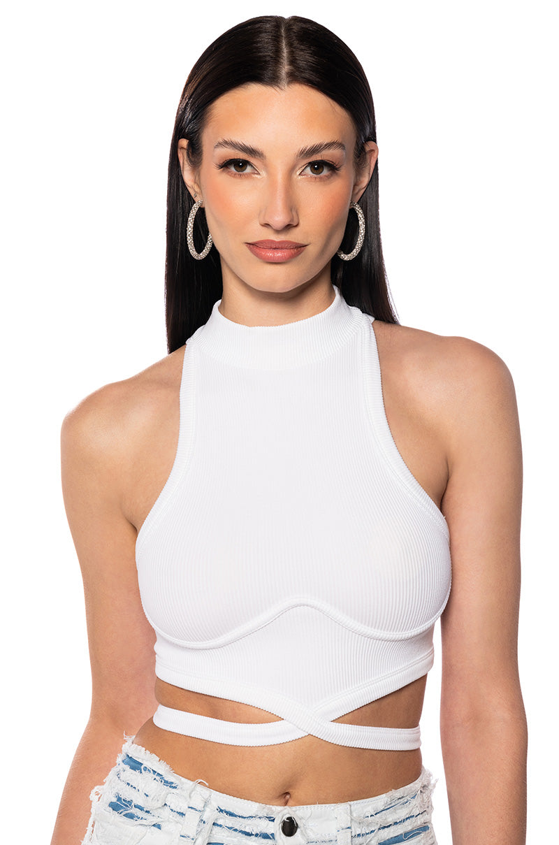 Front View Fresh Perspective Sleeveless Mock Neck Tie Front Top
