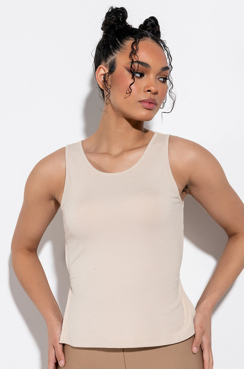 Front View Fresh Perspective Tie Back Ribbed Tank