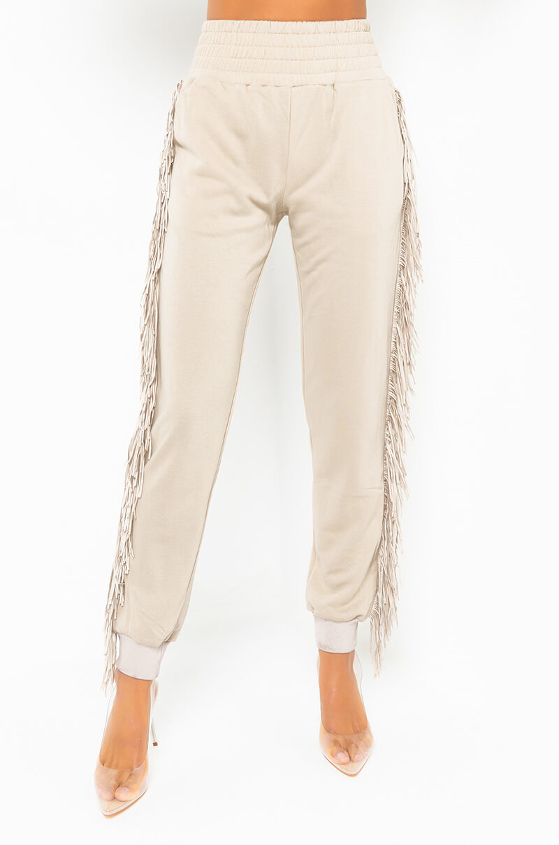 Front View Fringe All The Way Jogger in Beige