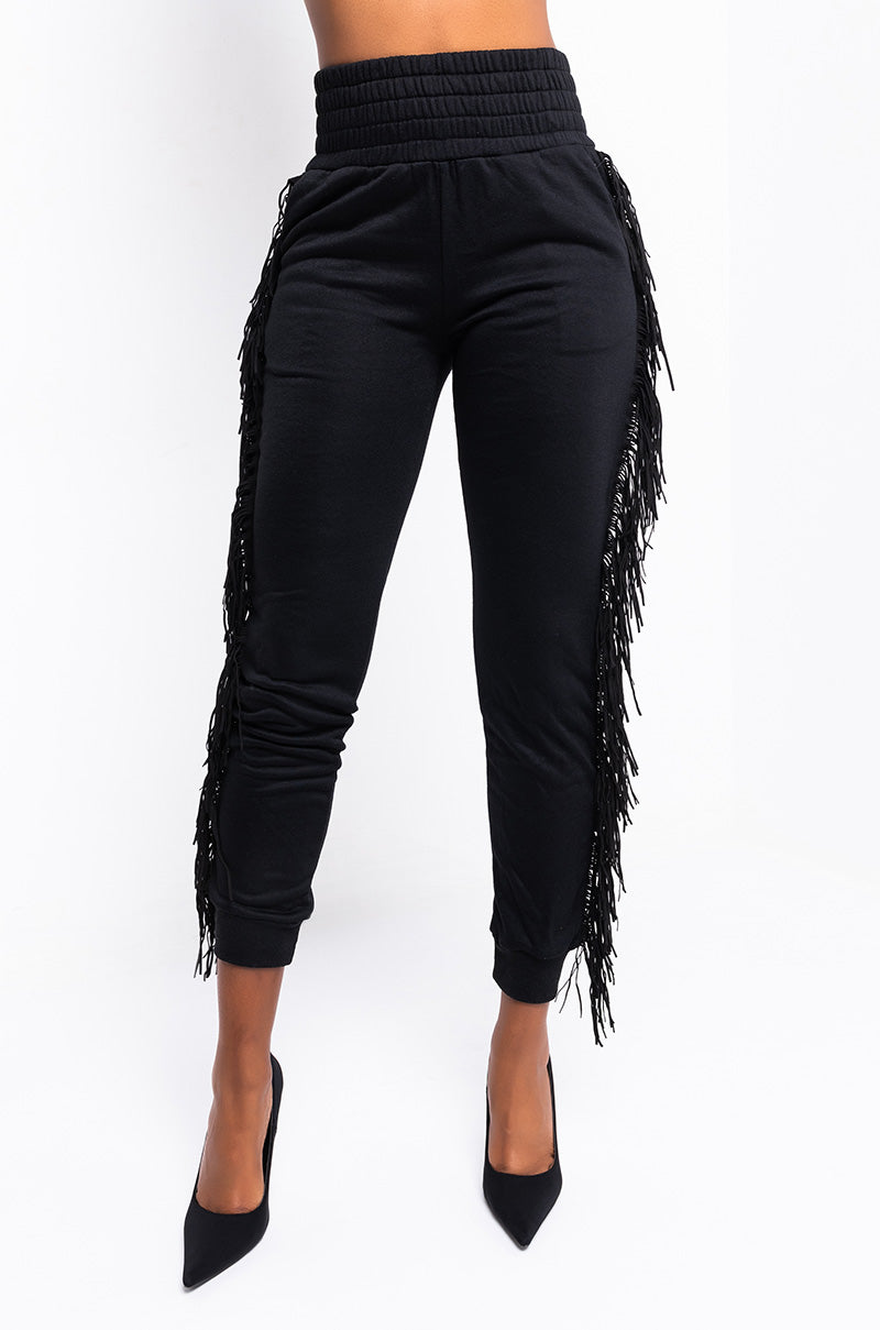 Front View Fringe All The Way Jogger in Black 0