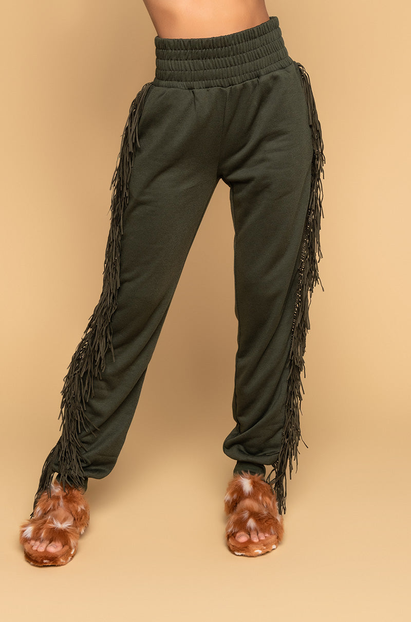 Front View Fringe All The Way Jogger in Olive