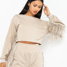 Front View Fringe All The Way Sweatshirt in Beige