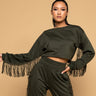 Front View Fringe All The Way Sweatshirt in Olive