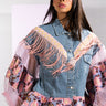 Front View Fringe Embellished Peplum Denim Jacket