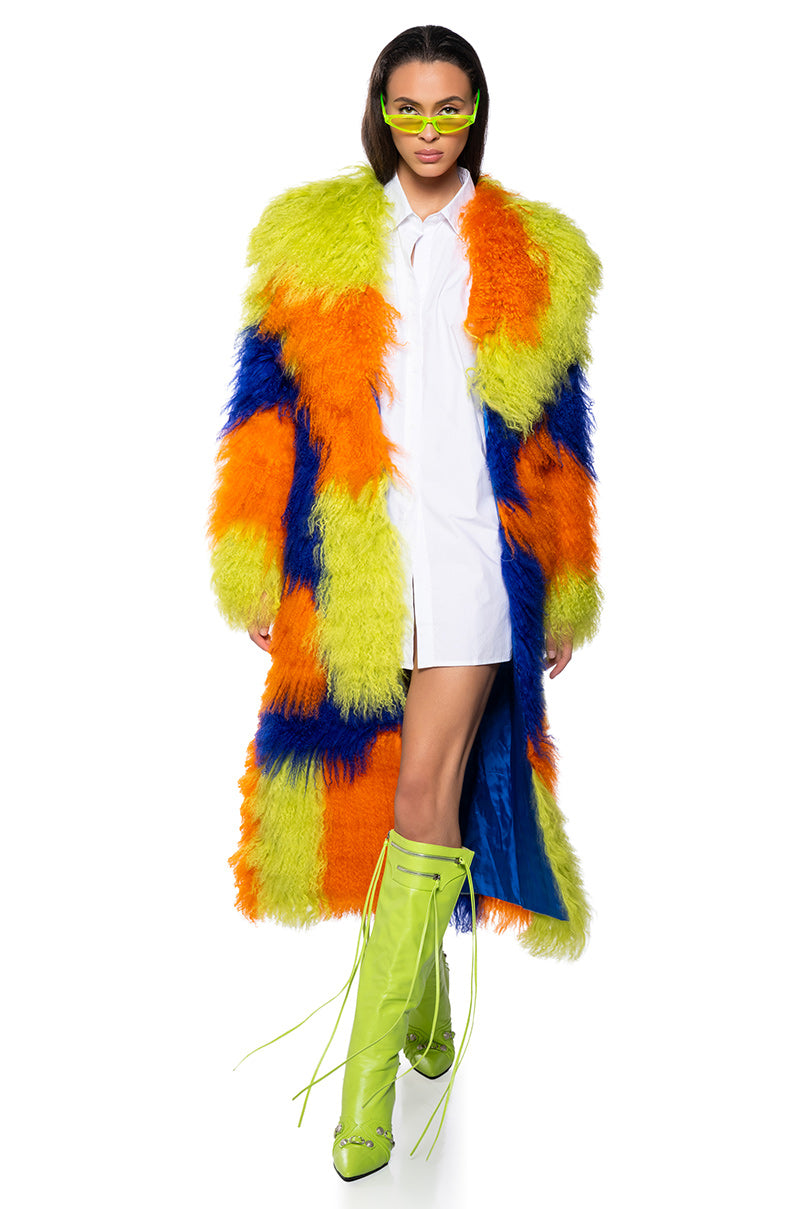 Front View Friyay Real Mohair Fur Colorblock Trench Coat