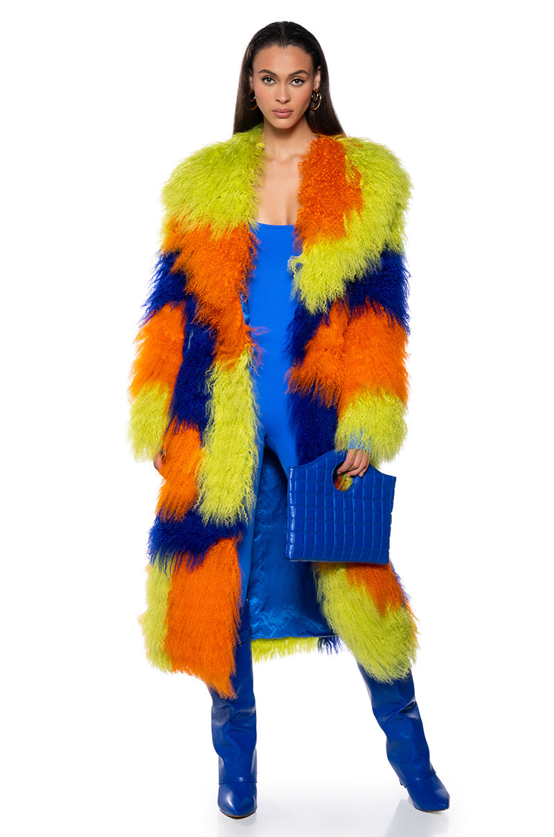Side View Friyay Real Mohair Fur Colorblock Trench Coat view 2