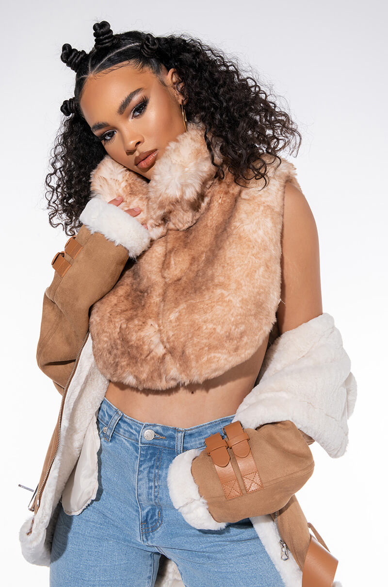 Front View Frolicking Crop Faux Fur Vest