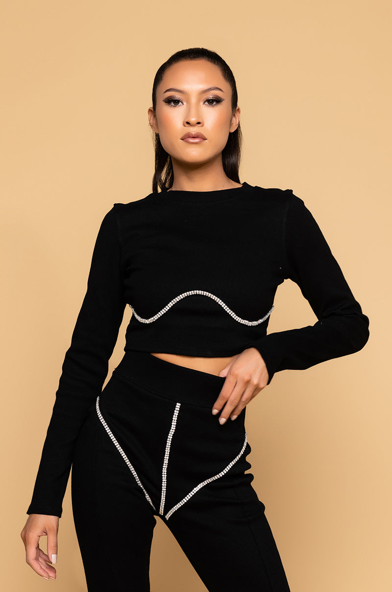 Front View From The Top Long Sleeve Ribbed Top in Black
