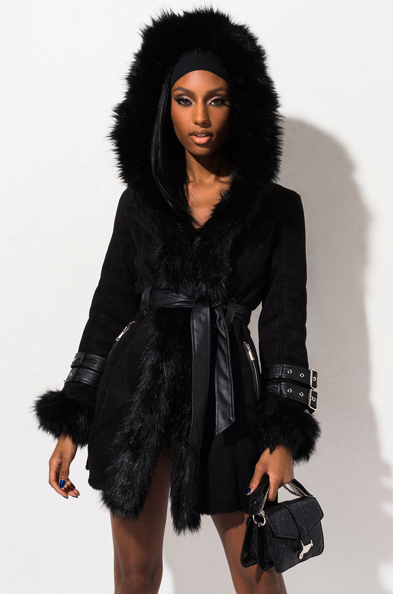 Front View From The Yukon Faux Fur Trimmed Hooded Jacket in Black