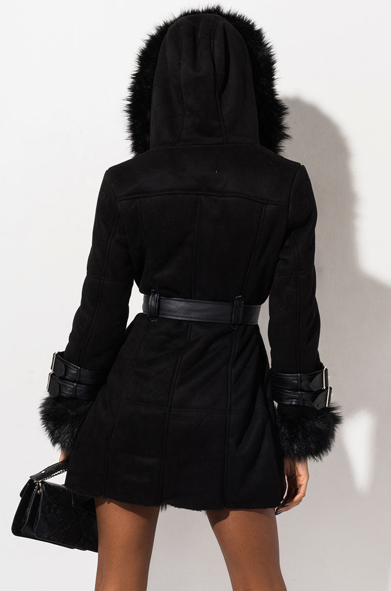 Back View From The Yukon Faux Fur Trimmed Hooded Jacket in Black