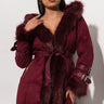 Front View From The Yukon Faux Fur Trimmed Hooded Jacket in Wine