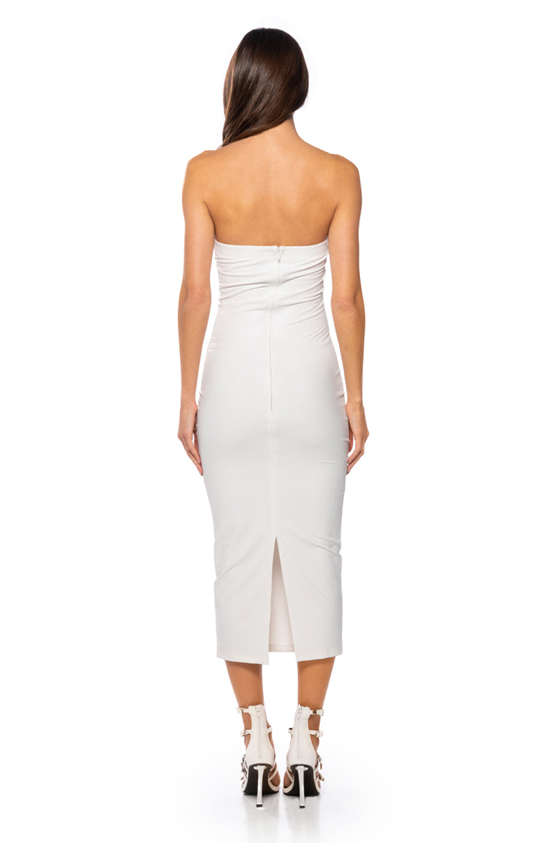 FRONT ROW BODYCON STRAPLESS MAXI DRESS IN WHITE AKIRA FRONT ROW BODYCON STRAPLESS MAXI DRESS IN WHITE AKIRA