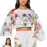 Front View Full Bloom Zip Off Sleeves Satin Crop Blouse