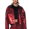 Front View Full Ride Metallic Denim Jacket In Red