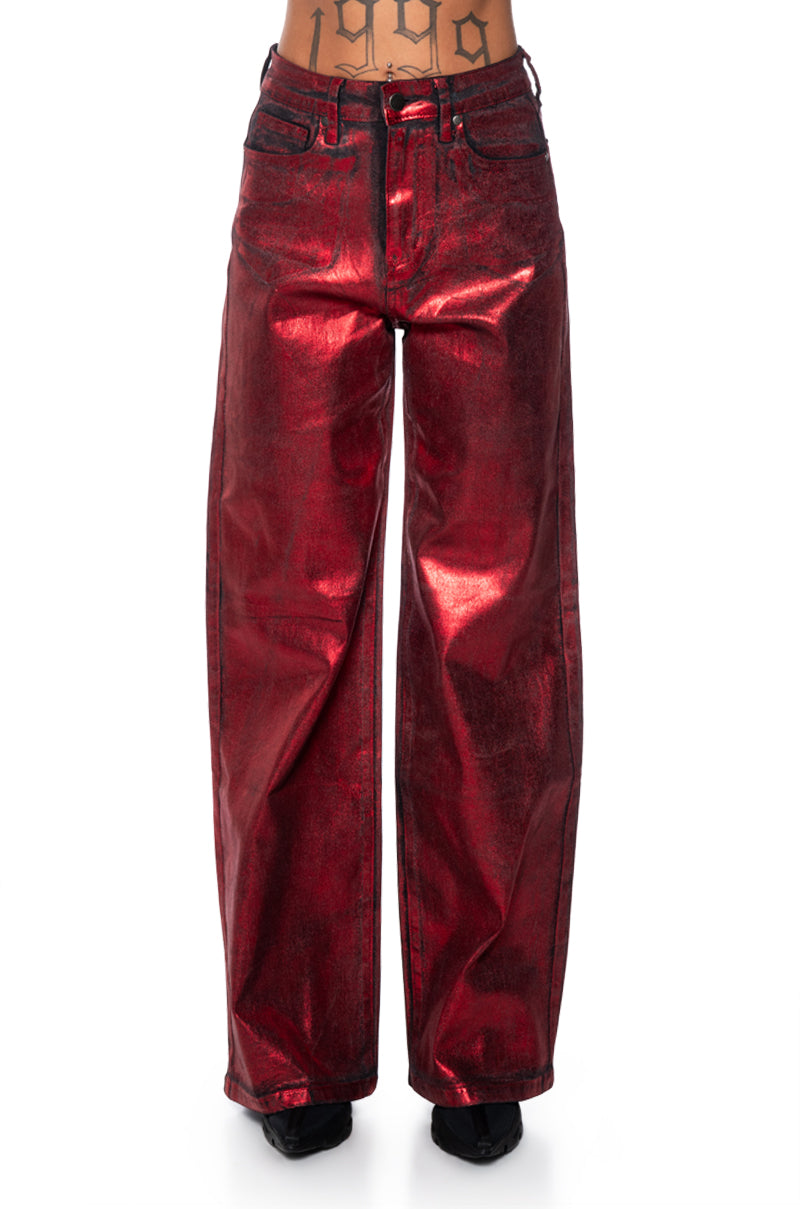 Detail View Full Ride Metallic Straight Leg Jeans In Red