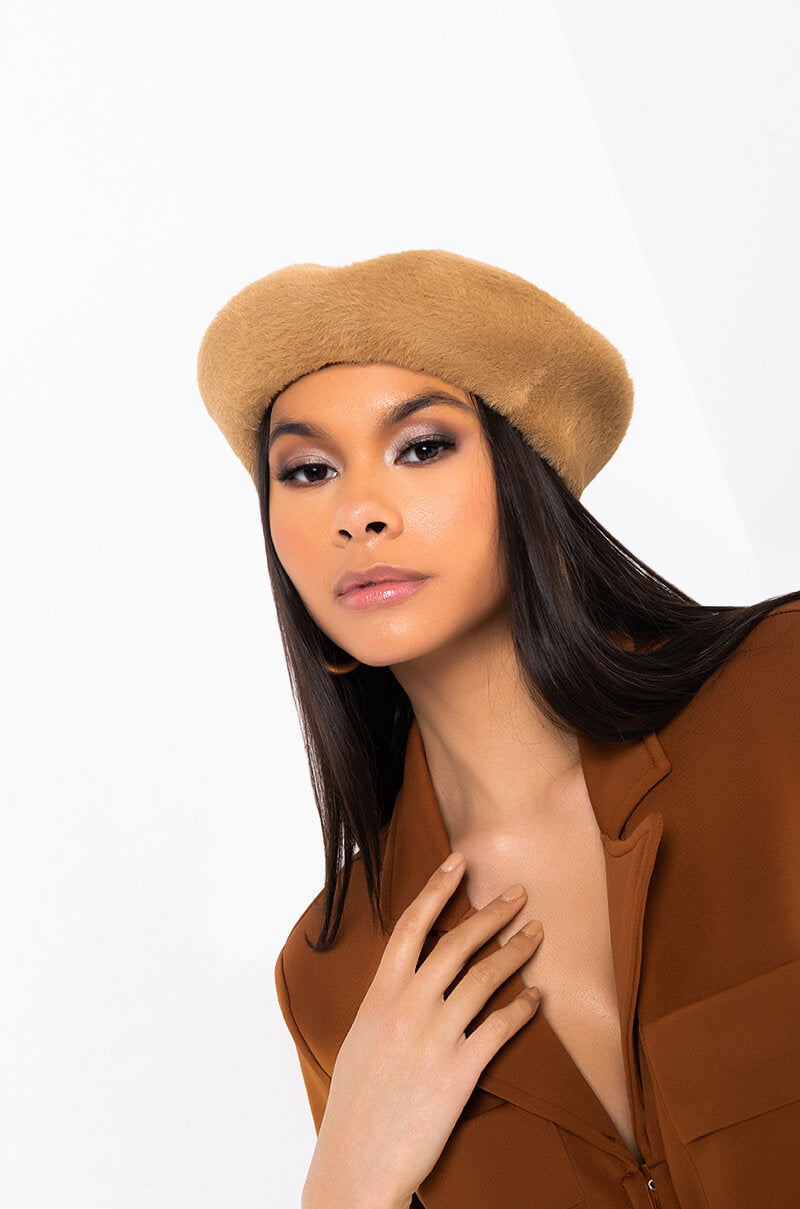 Front View Fuzzy Beret in Beige