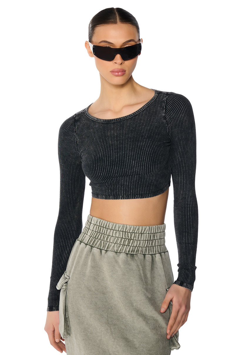 Front View Gaia Washed Long Sleeve Top In Charcoal 0