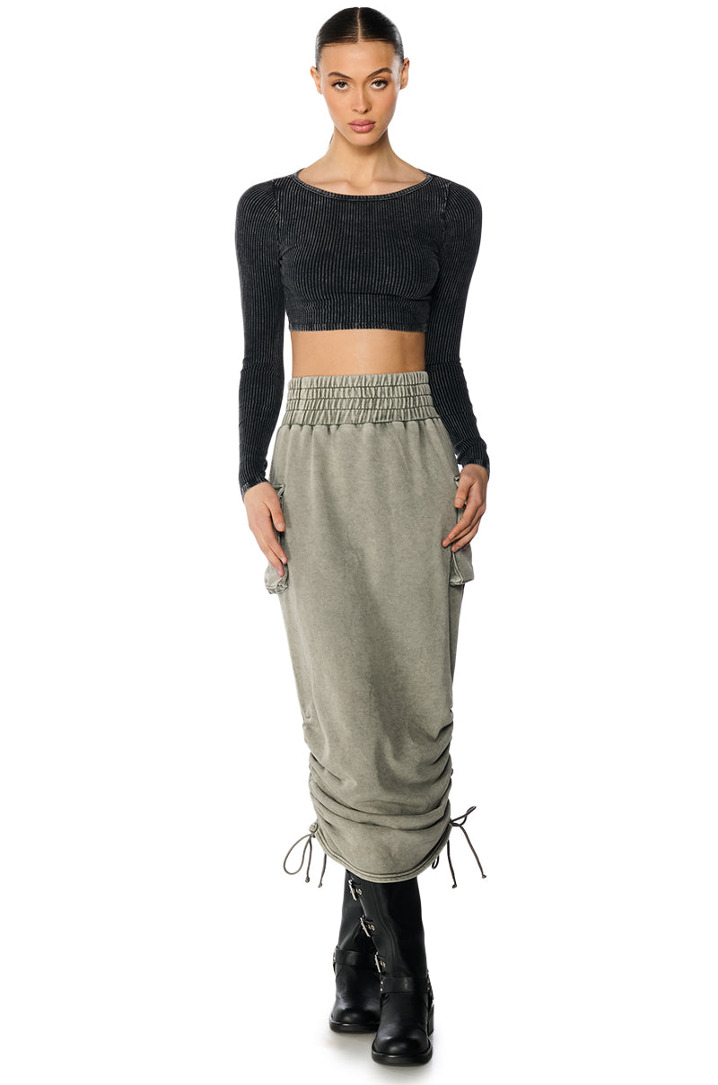 Back View Gaia Washed Long Sleeve Top In Charcoal 2