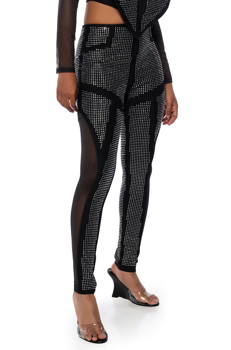 Front View Galactic World Embellished Mesh Panel Legging