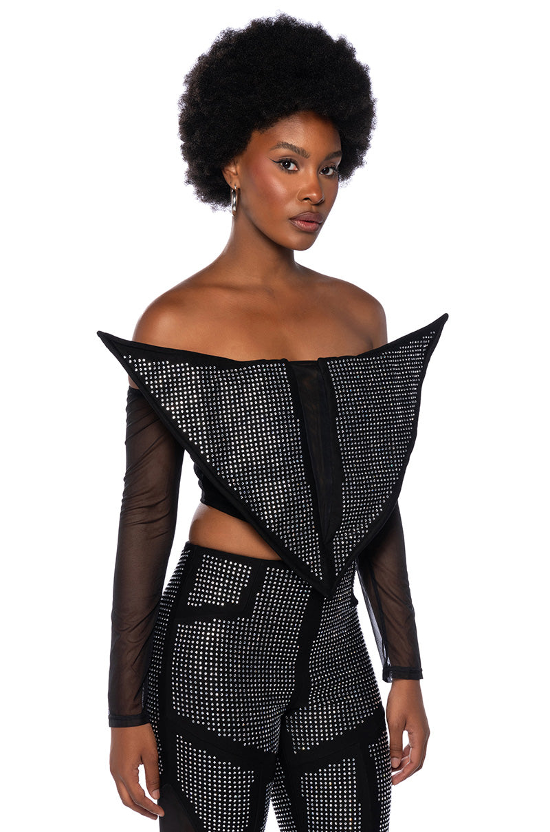 Side View Galactic World Embellished Mesh Statement Top
