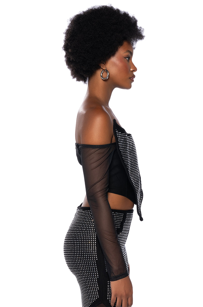 Detail View Galactic World Embellished Mesh Statement Top