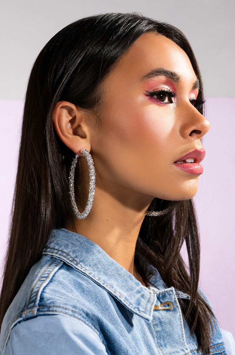 Front View Galaxy Glow Silver Rhinestone Hoops
