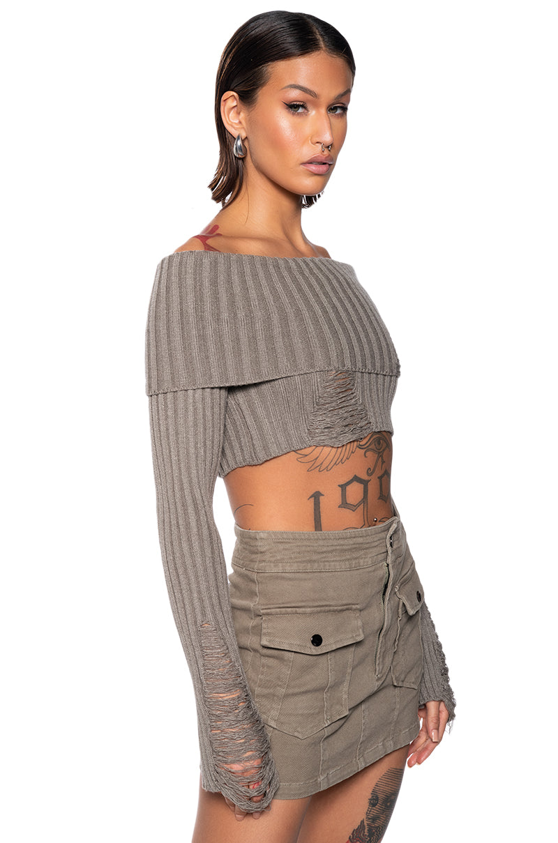 Side View Gale Off The Shoulder Distressed Sweater