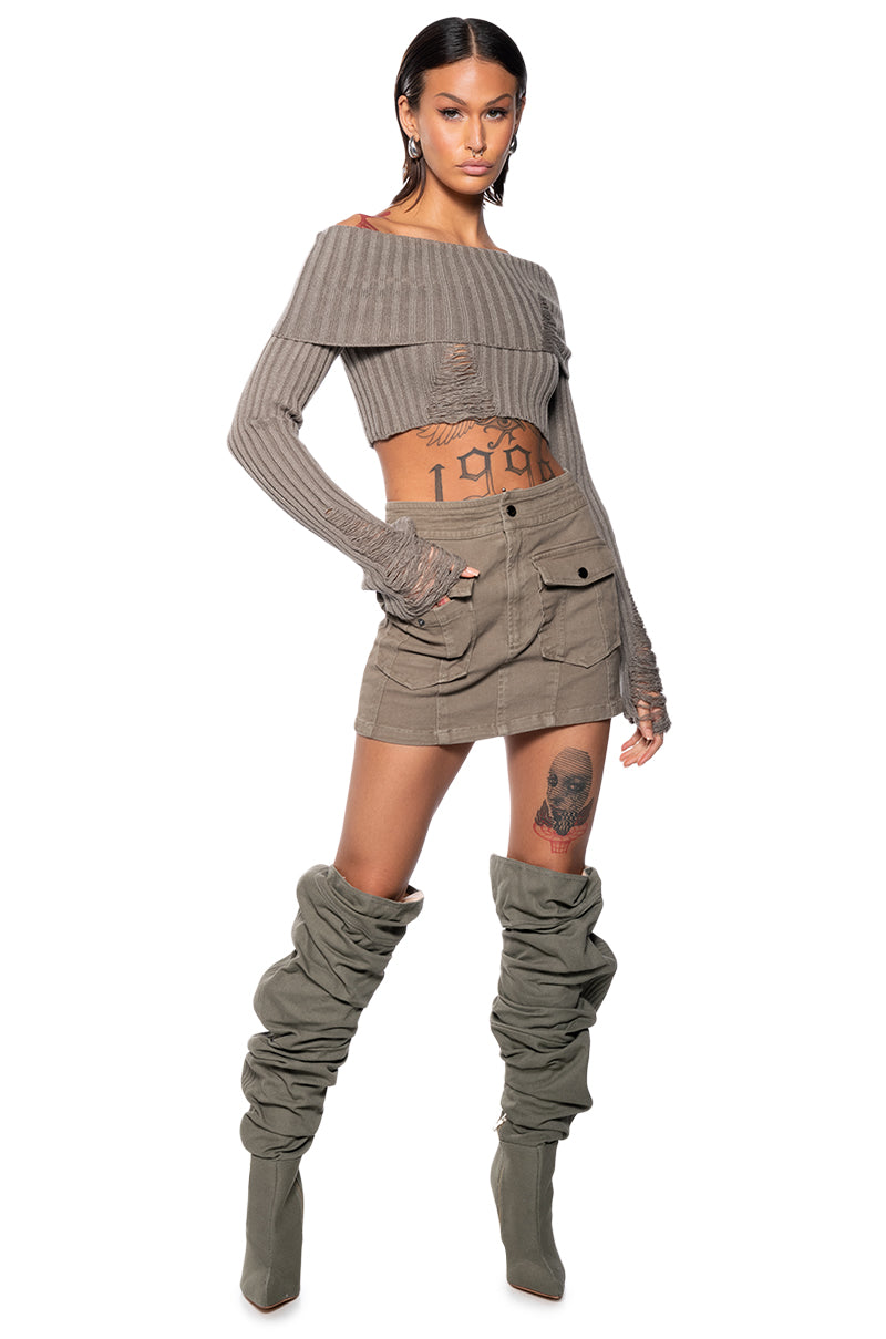 Back View Gale Off The Shoulder Distressed Sweater