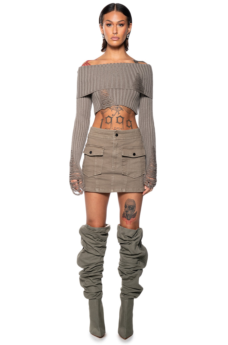 Extra View Gale Off The Shoulder Distressed Sweater