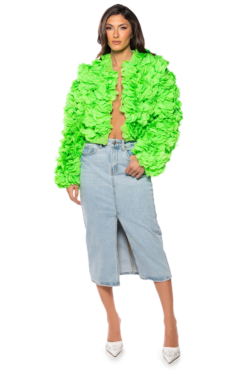 Back View Garden Of Eden Applique Bomber In Lime