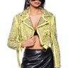 Front View Gazette Sulphur Edition Crop Moto Jacket With 3000 Studs By Azalea Wang