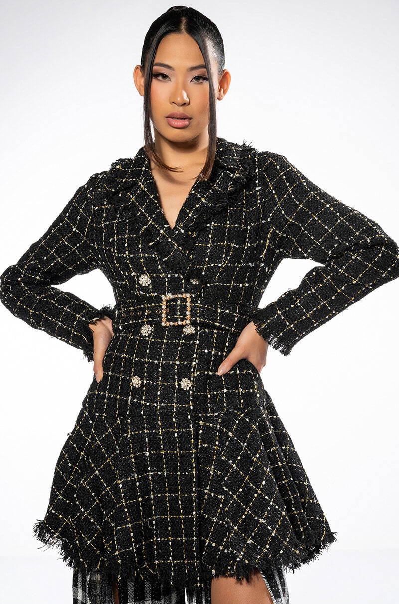 Front View Gemma Belted Tweed Mini Dress