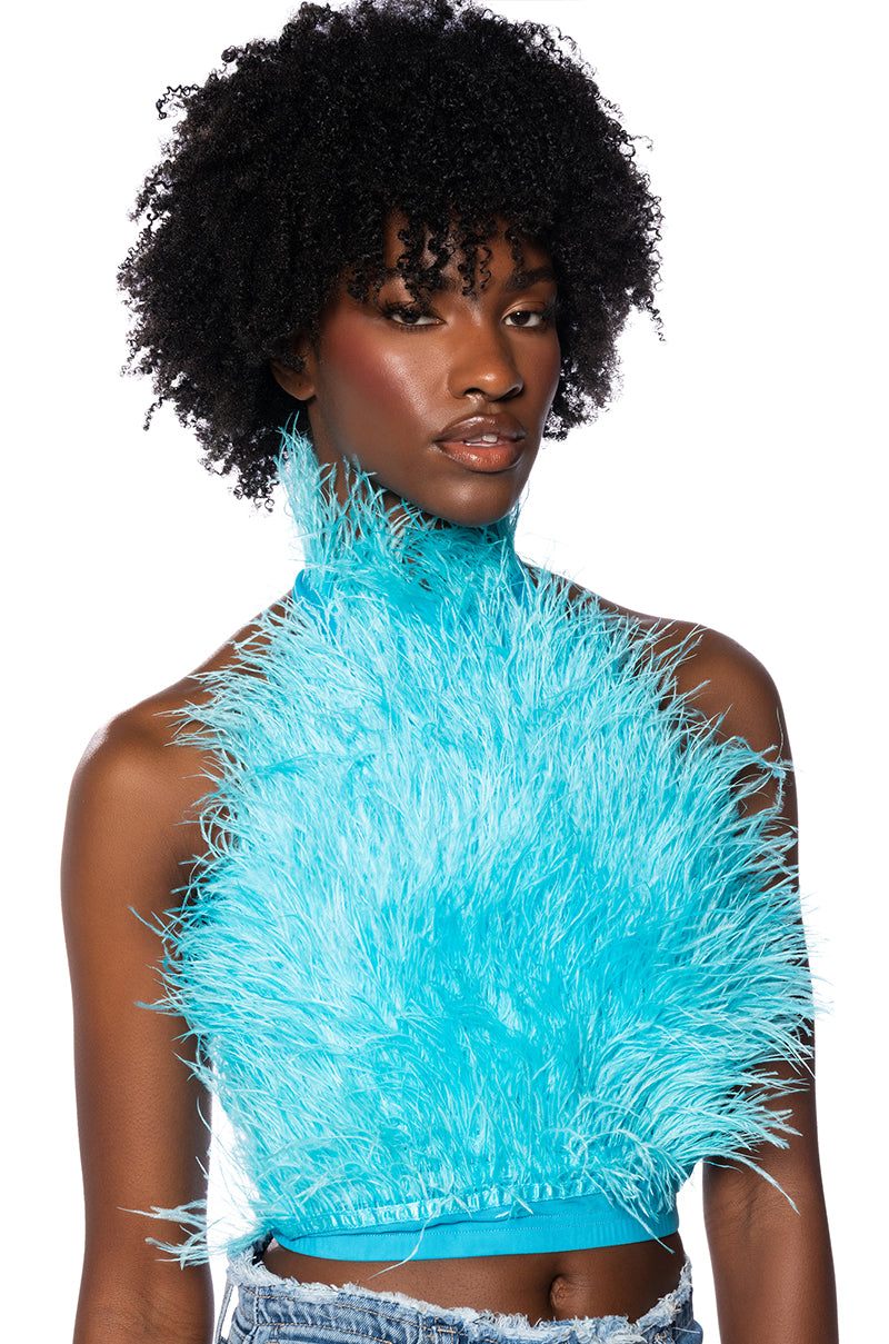 GENUINE OSTRICH FEATHER SLEEVELESS CROPPED HALTER BLOUSE IN BLUE view 0