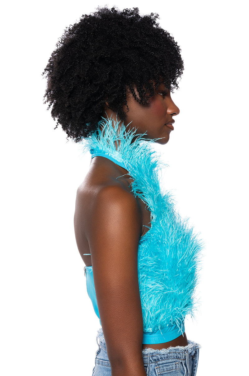 Full View Genuine Ostrich Feather Sleeveless Cropped Halter Blouse In Blue
