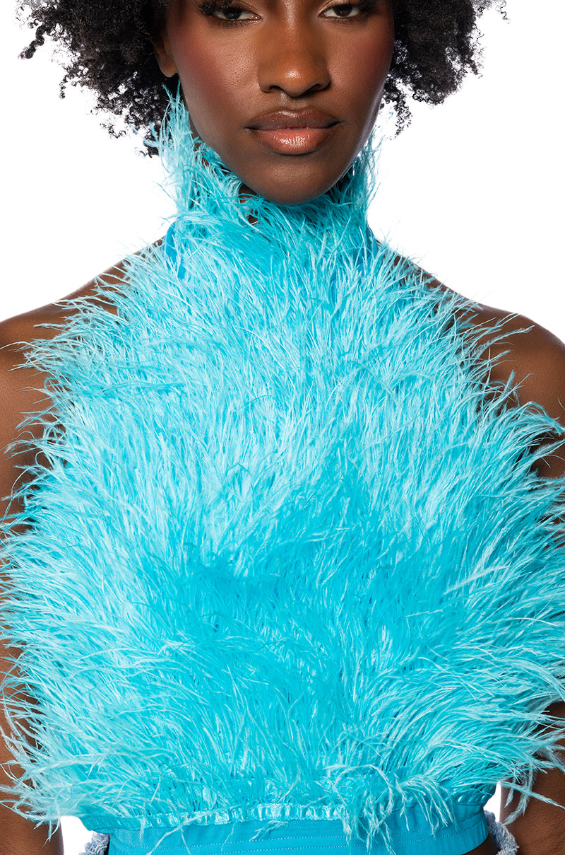 Extra View Genuine Ostrich Feather Sleeveless Cropped Halter Blouse In Blue